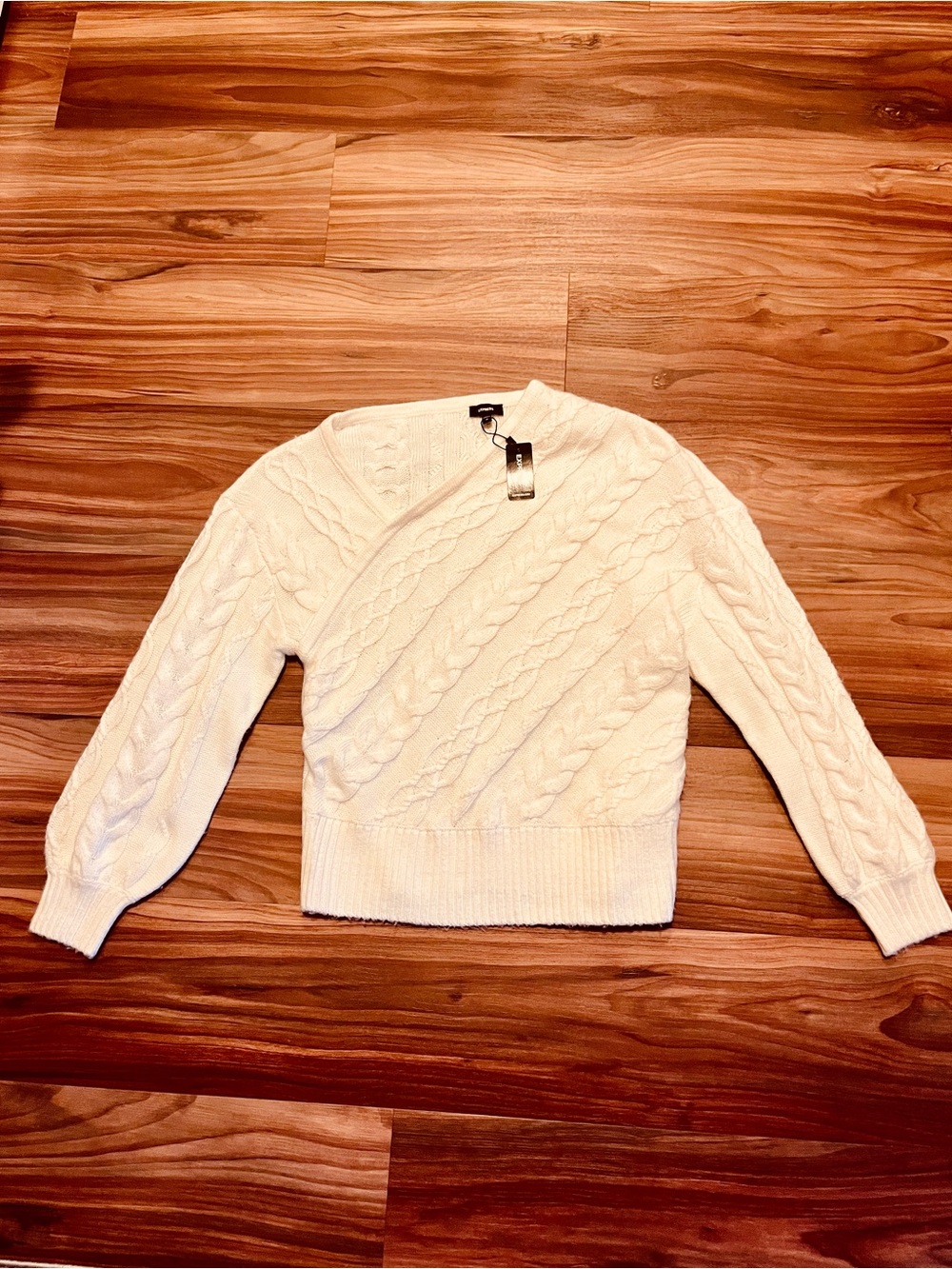 Express Cream Cable-Knit V-Neck Wrap Pullover